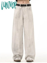 Lunivop Women’s Neutral Style Straight Dirty White Jeans American Vintage High Waisted Wide Leg